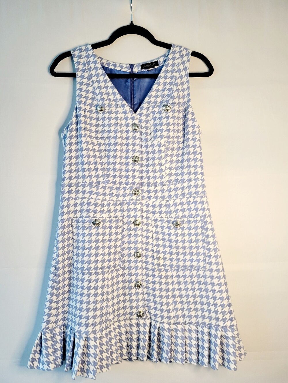 ASby DF Sky Blue And White Mini Dress In Houdstooth Pattern